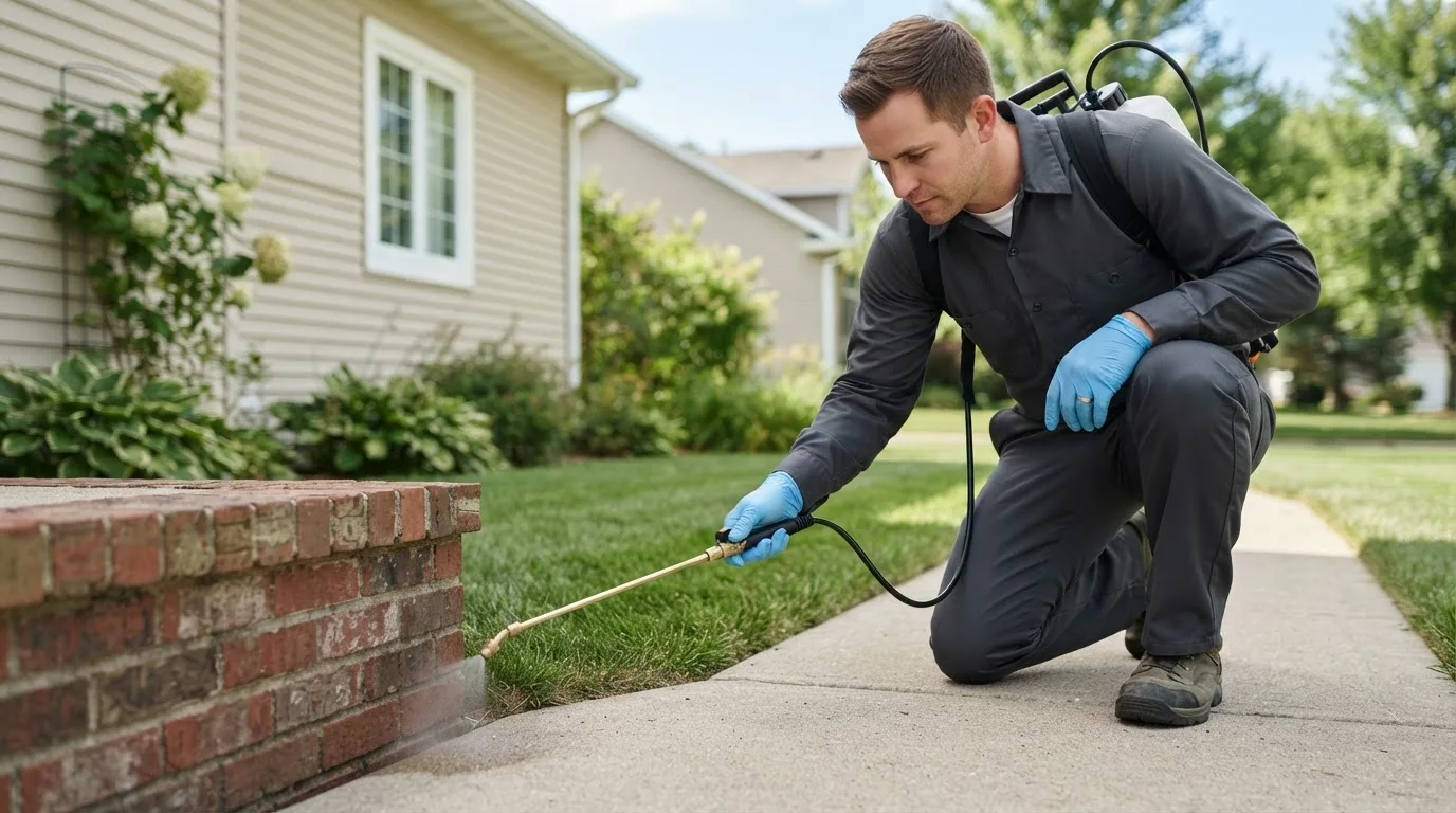 Pest control technician treating a home near Barre, MA